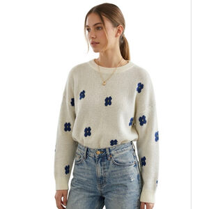 SHEIN Crew Neck Sweater M White Blue Floral